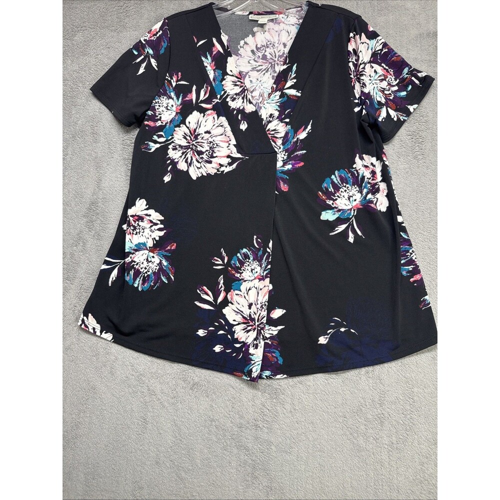 Dana Buchman Women Blouse Top M Black White Floral Print Short Sleeve V-Neck